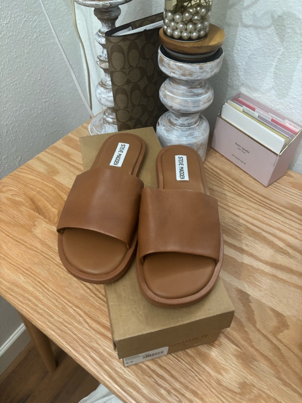 Steve Madden Cognac Leather Slide Sandals 6.5